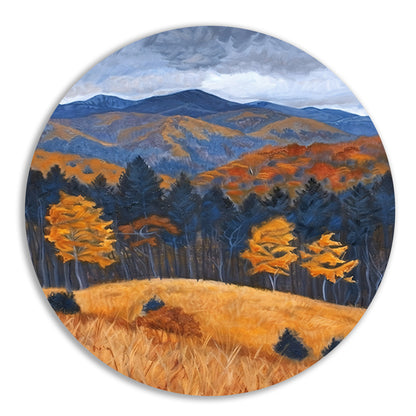 Herfstlandschap met bergen en kleurrijke bomen aluminium muurcirkel