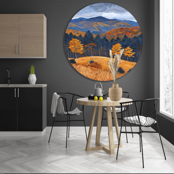 Herfstlandschap met bergen en kleurrijke bomen aluminium muurcirkel