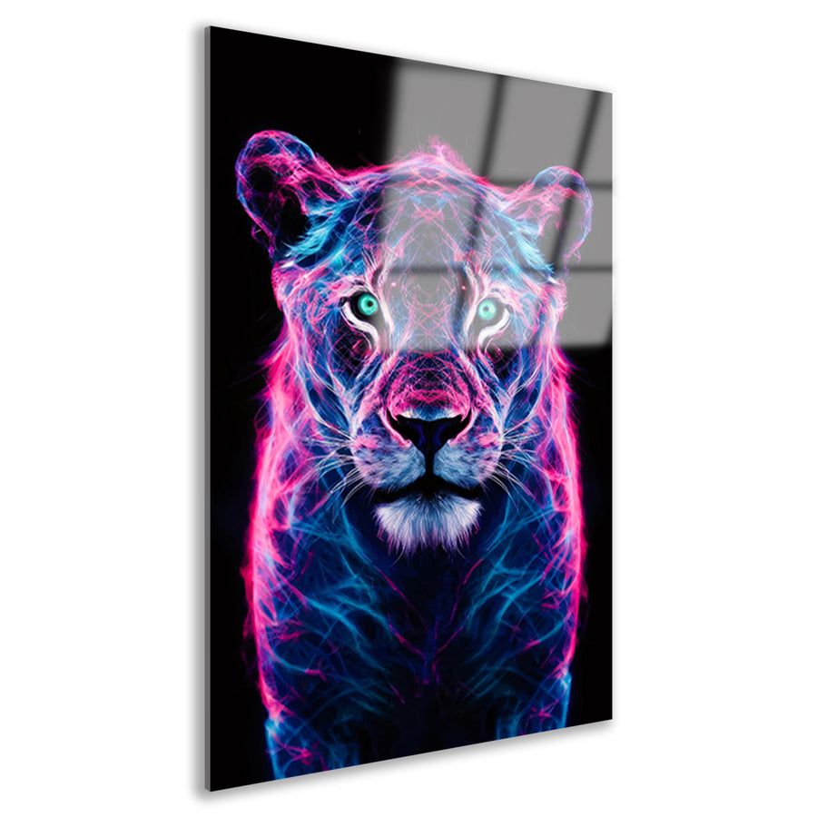 Futuristische bioluminescente leeuw met kleurrijke lichten acrylglas