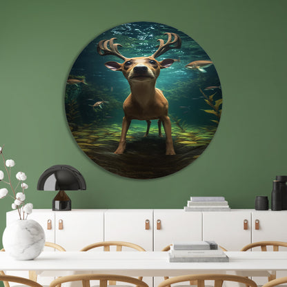 Hert zwemt onder water in surrealistische droom aluminium muurcirkel