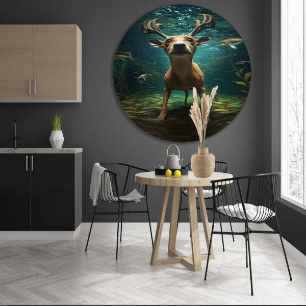 Hert zwemt onder water in surrealistische droom aluminium muurcirkel