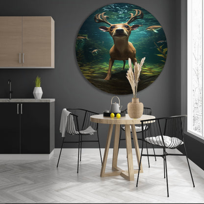 Hert zwemt onder water in surrealistische droom aluminium muurcirkel
