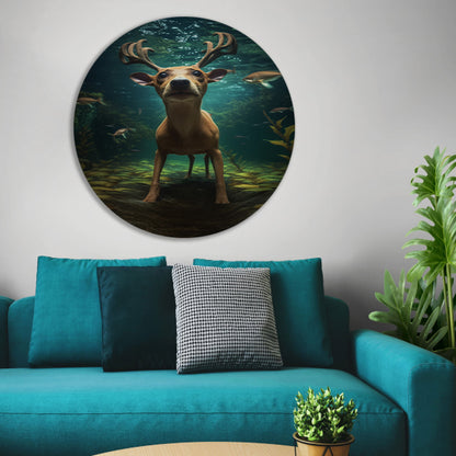 Hert zwemt onder water in surrealistische droom aluminium muurcirkel