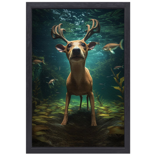 Hert zwemt onder water in surrealistische droom canvas met baklijst