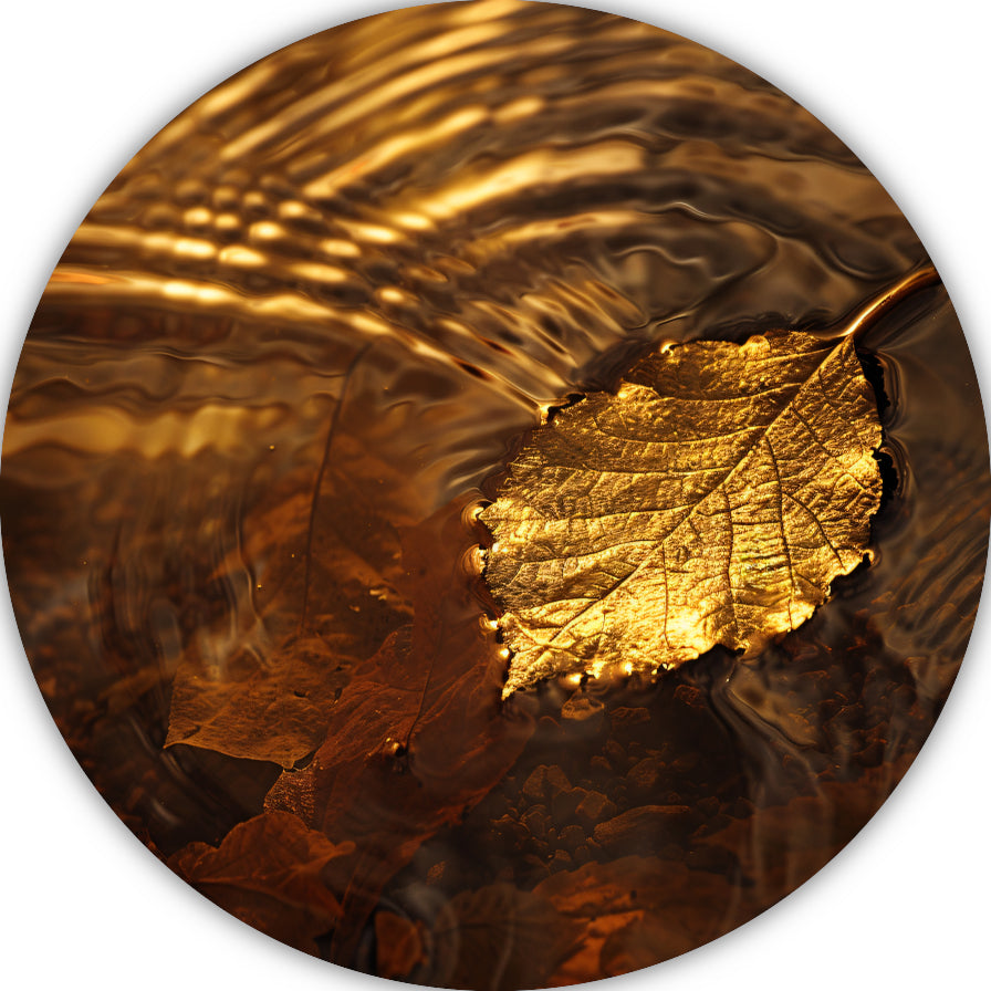 Gouden herfstblad zwevend op rustig water aluminium muurcirkel