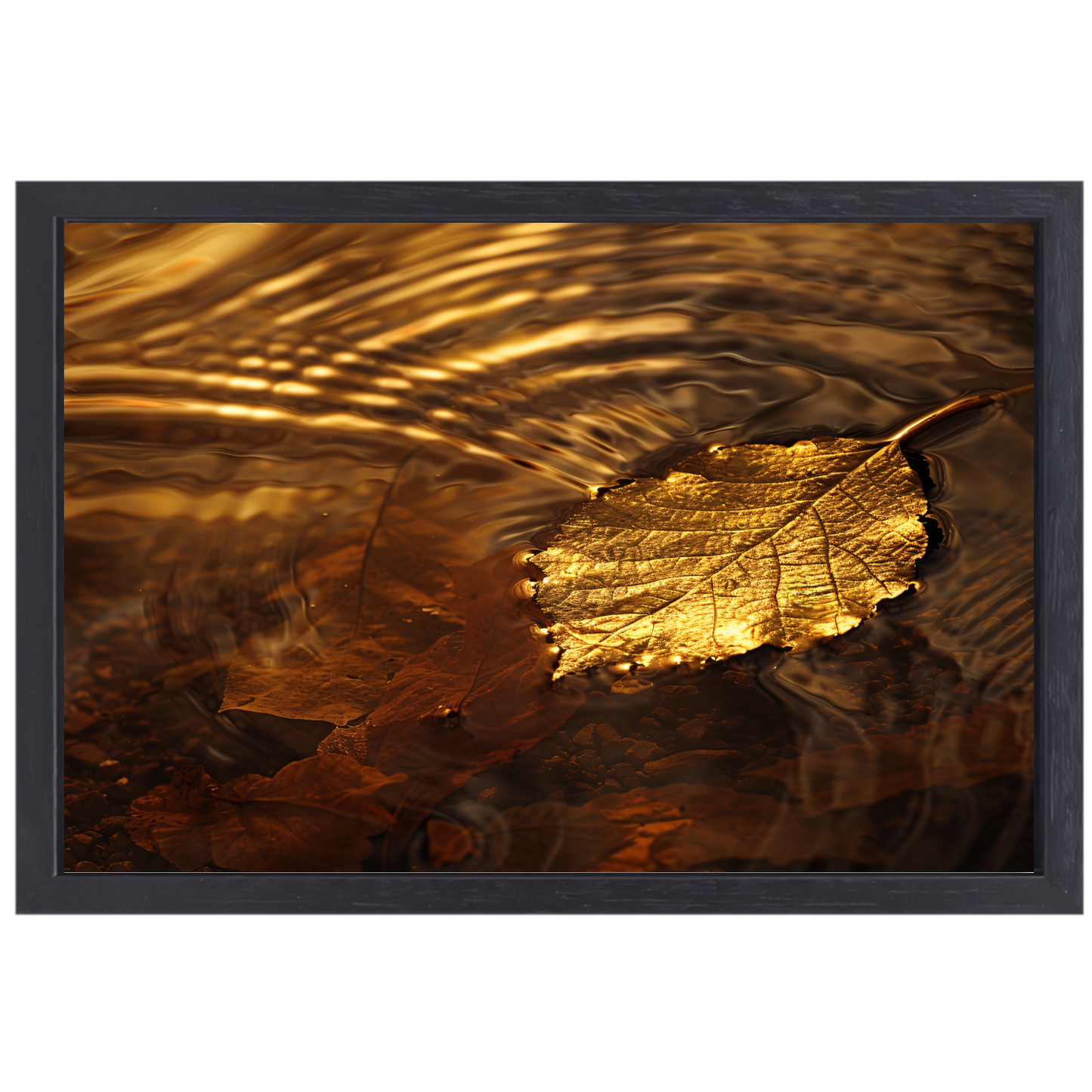 Gouden herfstblad zwevend op rustig water canvas met baklijst