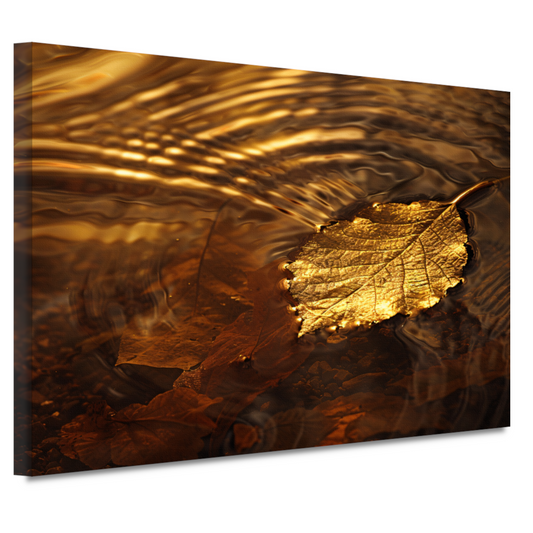 Gouden herfstblad zwevend op rustig water canvas
