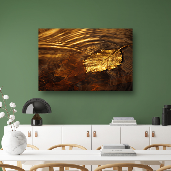 Gouden herfstblad zwevend op rustig water canvas