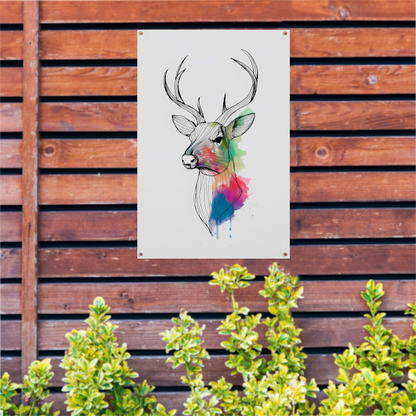 Minimalistisch lijnkunst hert in kleurexplosie tuinposter