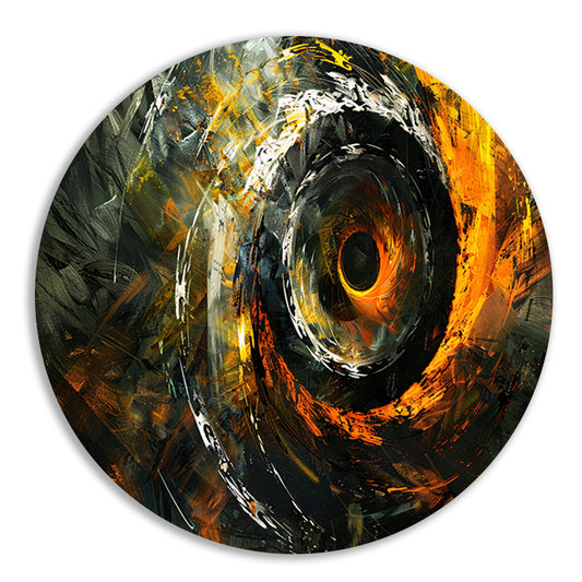Dynamisch abstract schilderij met spiraalvormen aluminium muurcirkel
