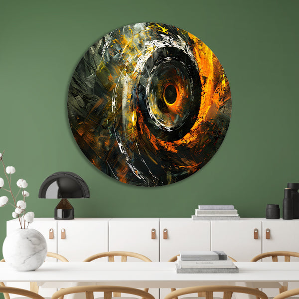 Dynamisch abstract schilderij met spiraalvormen aluminium muurcirkel