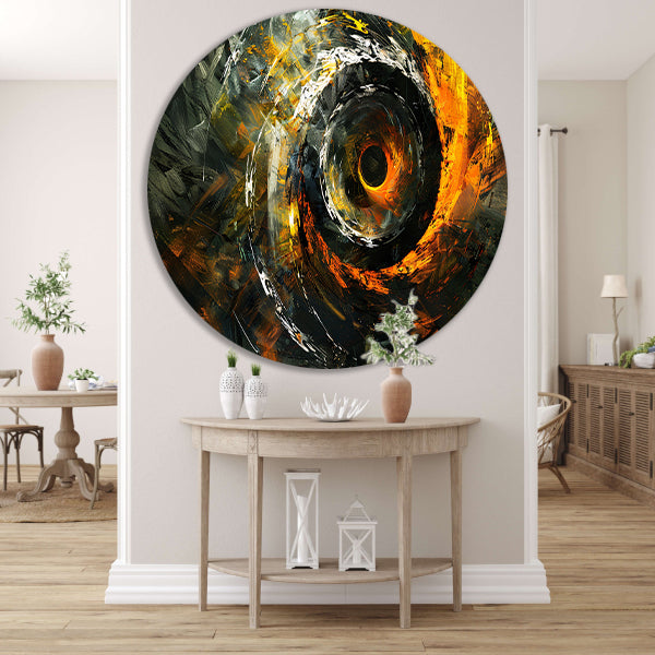 Dynamisch abstract schilderij met spiraalvormen aluminium muurcirkel