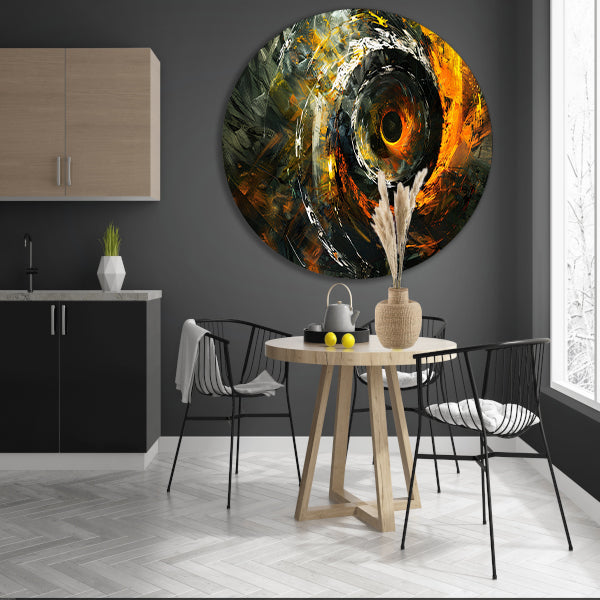 Dynamisch abstract schilderij met spiraalvormen aluminium muurcirkel