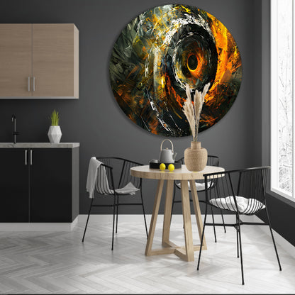 Dynamisch abstract schilderij met spiraalvormen aluminium muurcirkel