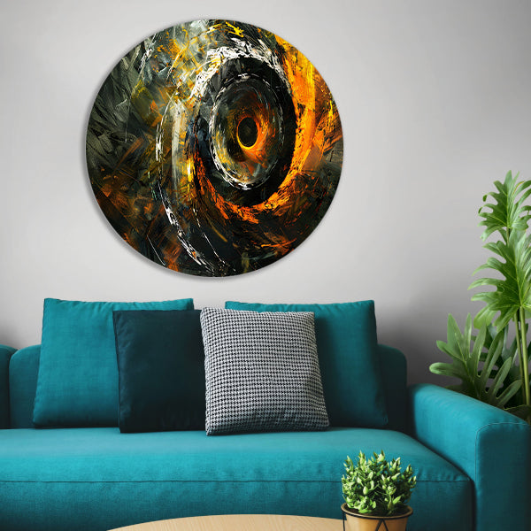 Dynamisch abstract schilderij met spiraalvormen aluminium muurcirkel