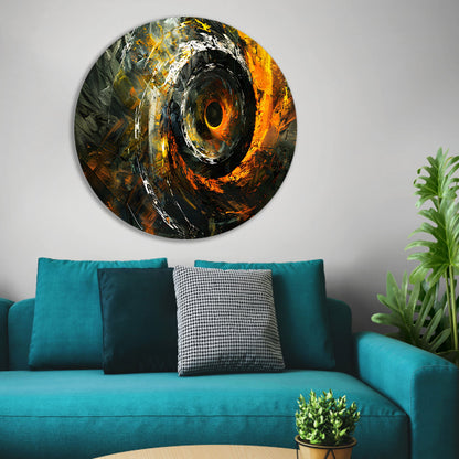 Dynamisch abstract schilderij met spiraalvormen aluminium muurcirkel