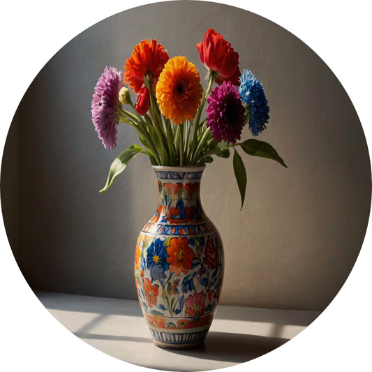 Kleurrijk stilleven met bloemen in vaas aluminium muurcirkel
