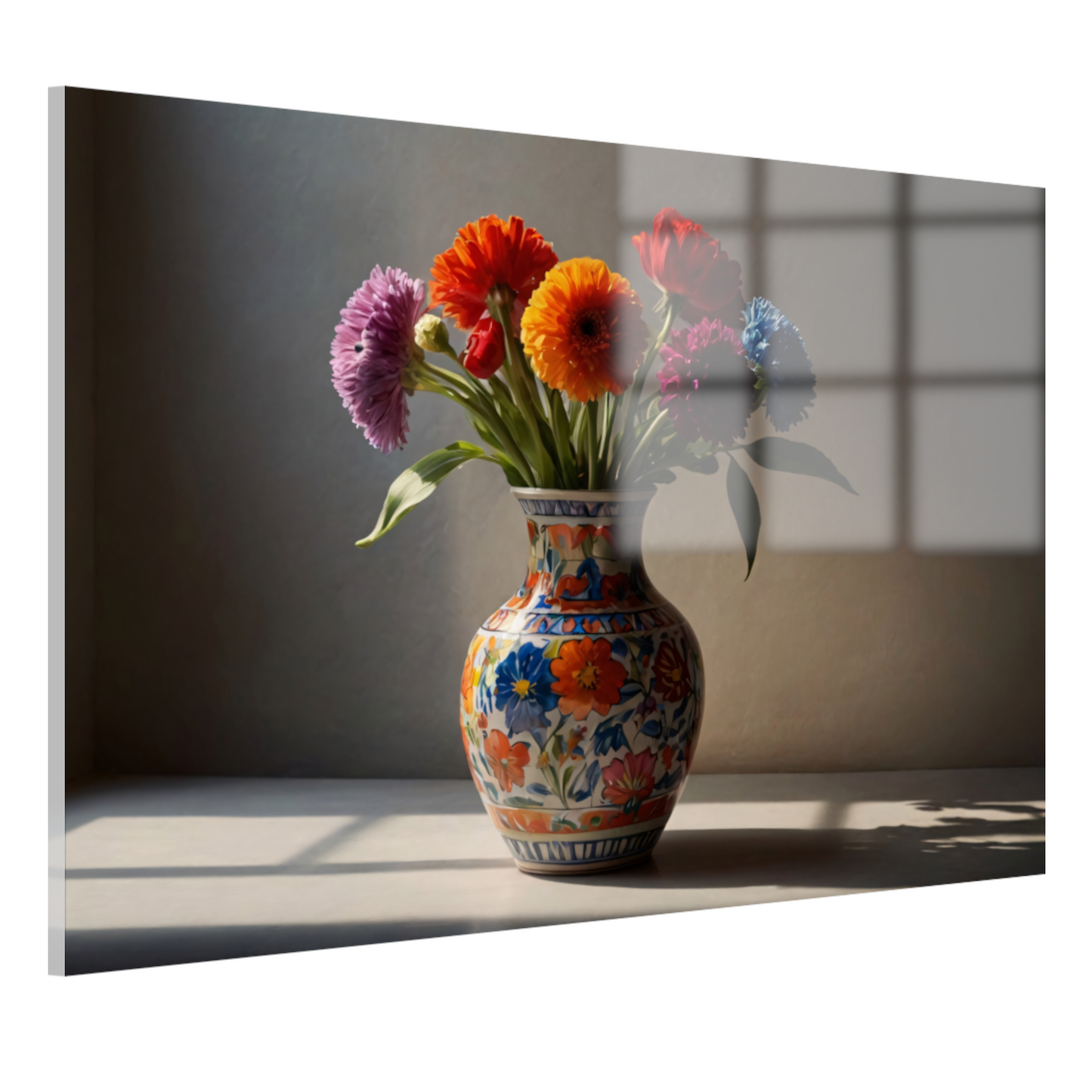 Kleurrijk stilleven met bloemen in vaas acrylglas