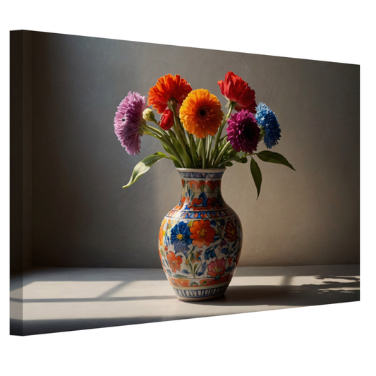 Kleurrijk stilleven met bloemen in vaas canvas