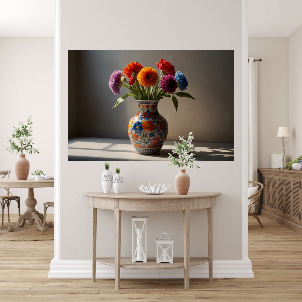 Kleurrijk stilleven met bloemen in vaas canvas