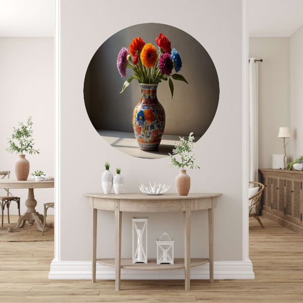 Kleurrijk stilleven met bloemen in vaas aluminium muurcirkel