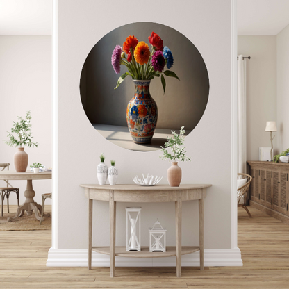 Kleurrijk stilleven met bloemen in vaas aluminium muurcirkel