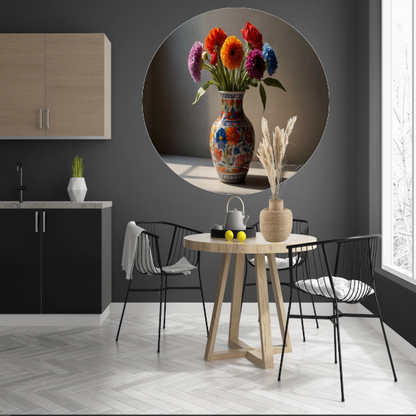 Kleurrijk stilleven met bloemen in vaas aluminium muurcirkel