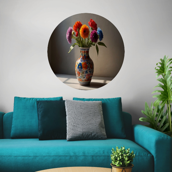 Kleurrijk stilleven met bloemen in vaas aluminium muurcirkel