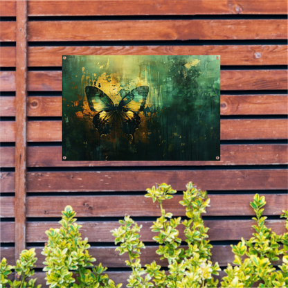 Abstracte kleurrijke vlinder op dynamische achtergrond tuinposter