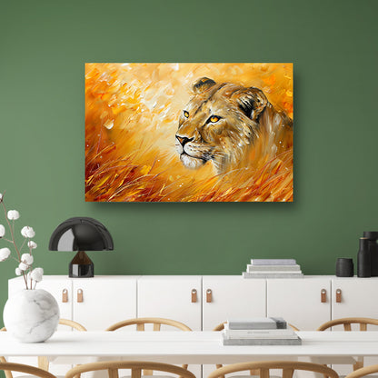 Abstract schilderij van leeuw in kleurrijk gras canvas met baklijst