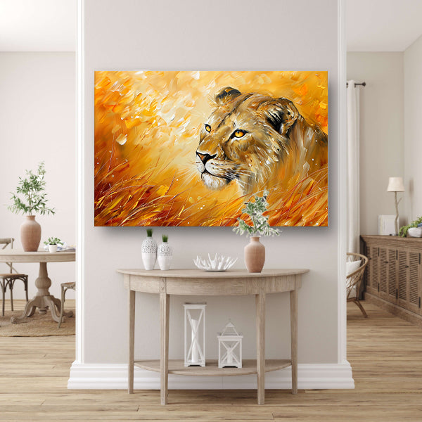 Abstract schilderij van leeuw in kleurrijk gras canvas met baklijst