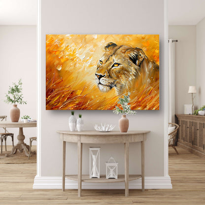 Abstract schilderij van leeuw in kleurrijk gras canvas met baklijst