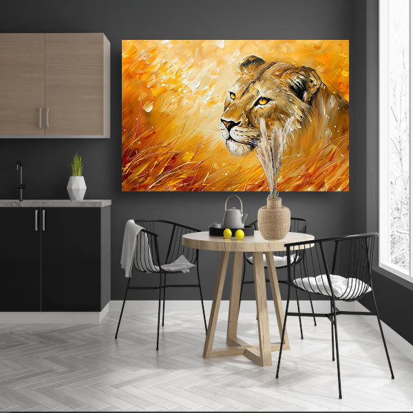 Abstract schilderij van leeuw in kleurrijk gras canvas met baklijst