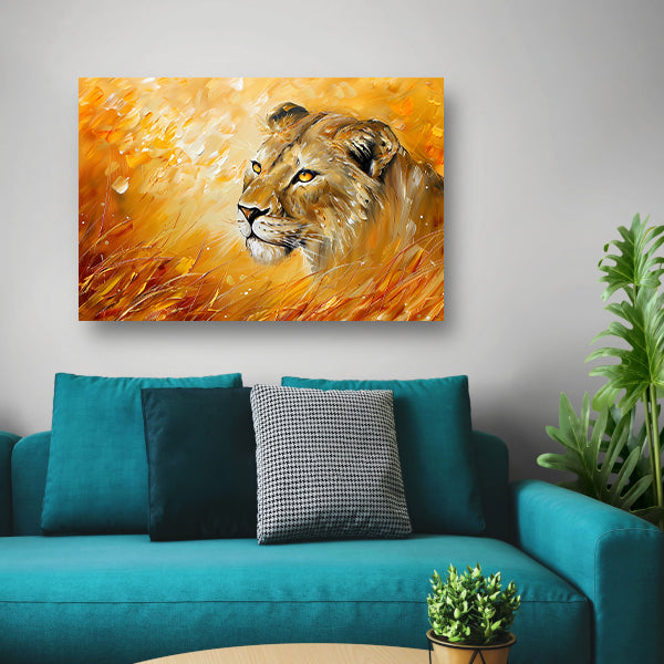Abstract schilderij van leeuw in kleurrijk gras canvas met baklijst