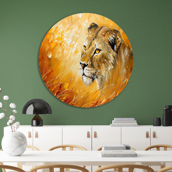 Abstract schilderij van leeuw in kleurrijk gras forex muurcirkel