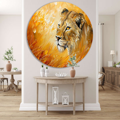 Abstract schilderij van leeuw in kleurrijk gras forex muurcirkel