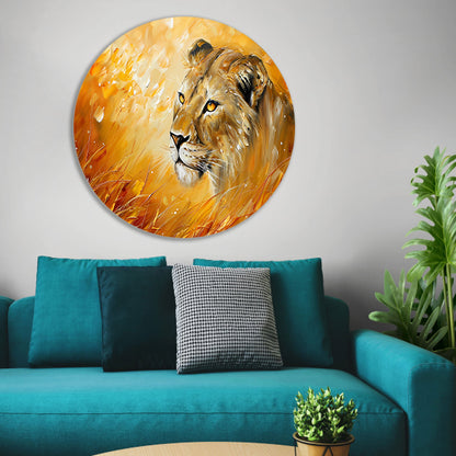Abstract schilderij van leeuw in kleurrijk gras forex muurcirkel
