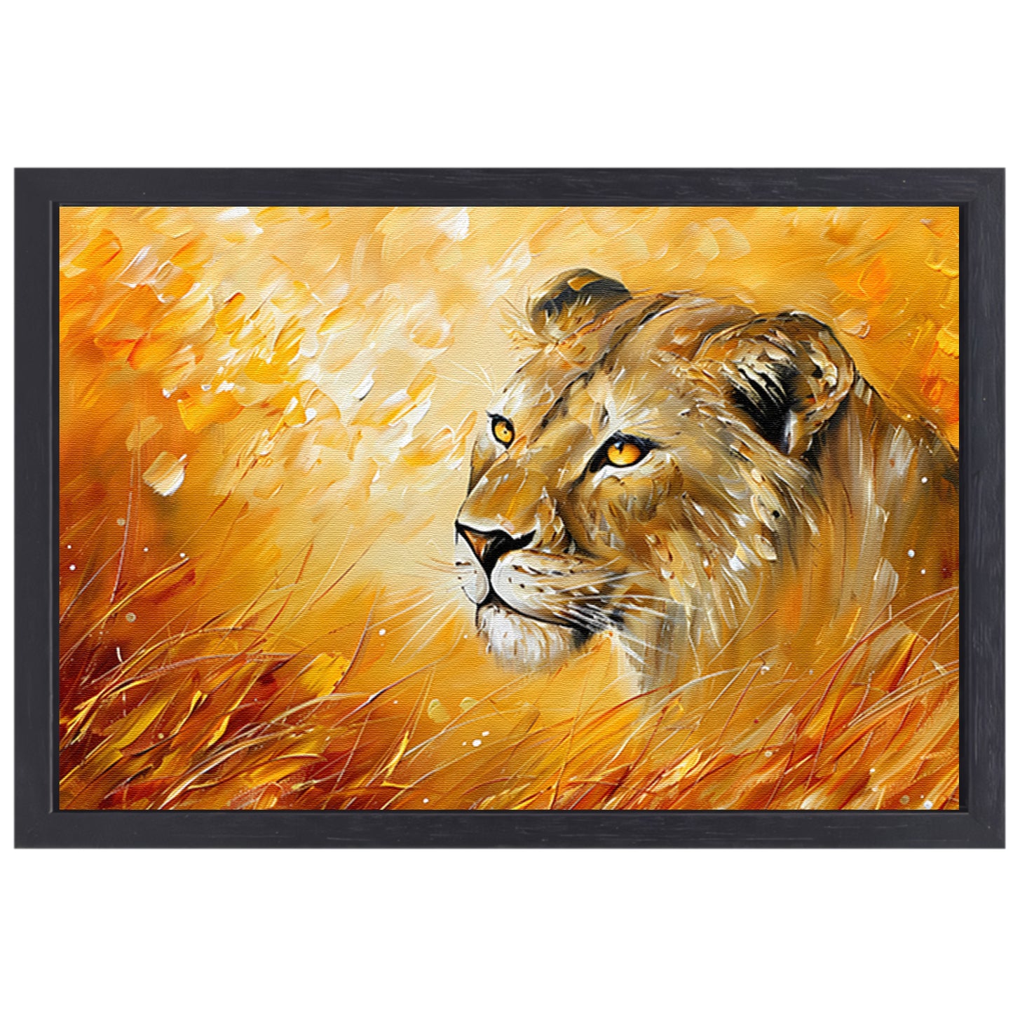 Abstract schilderij van leeuw in kleurrijk gras canvas met baklijst