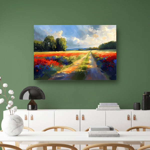 Kleurrijk schilderij van bloemenveld met bomen canvas