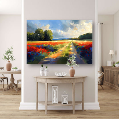 Kleurrijk schilderij van bloemenveld met bomen canvas