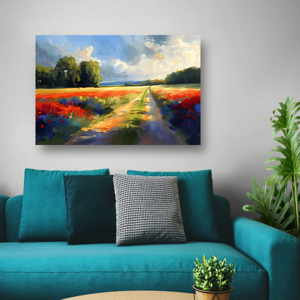 Kleurrijk schilderij van bloemenveld met bomen canvas