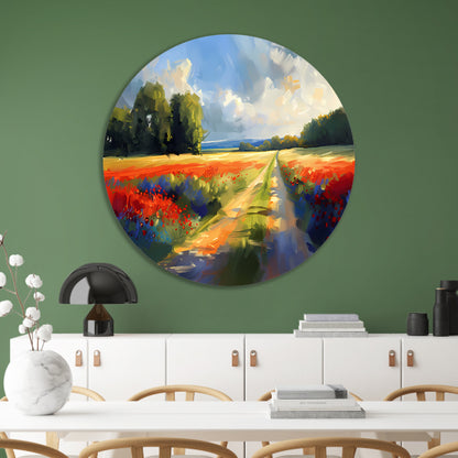 Kleurrijk schilderij van bloemenveld met bomen aluminium muurcirkel