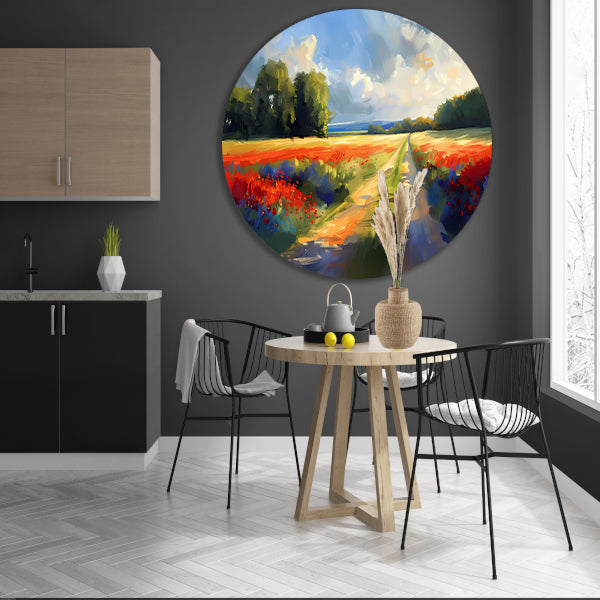 Kleurrijk schilderij van bloemenveld met bomen aluminium muurcirkel