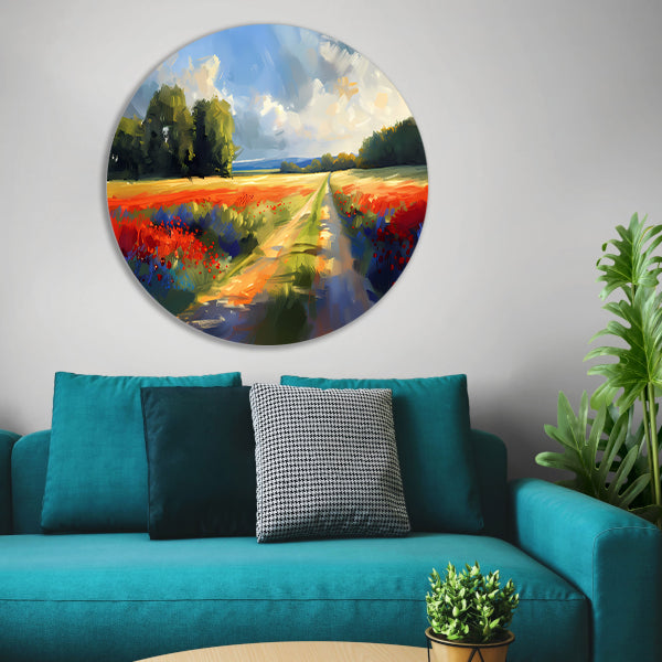 Kleurrijk schilderij van bloemenveld met bomen aluminium muurcirkel