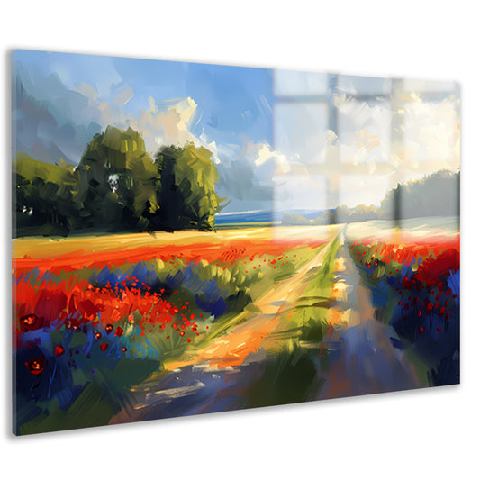 Kleurrijk schilderij van bloemenveld met bomen acrylglas