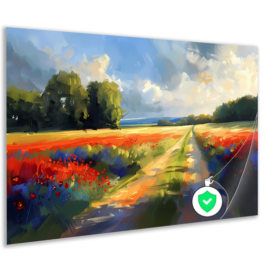 Kleurrijk schilderij van bloemenveld met bomen poster