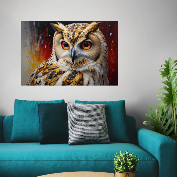 Majestueuze Uil met Levendige Kleurexplosie canvas met baklijst
