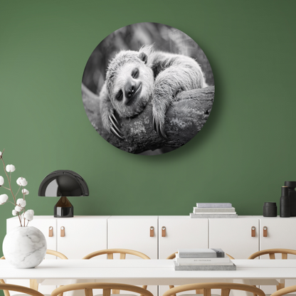 Slapende luiaard op tak aluminium muurcirkel