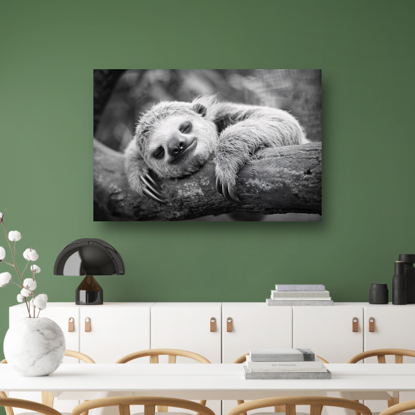 Slapende luiaard op tak canvas met baklijst