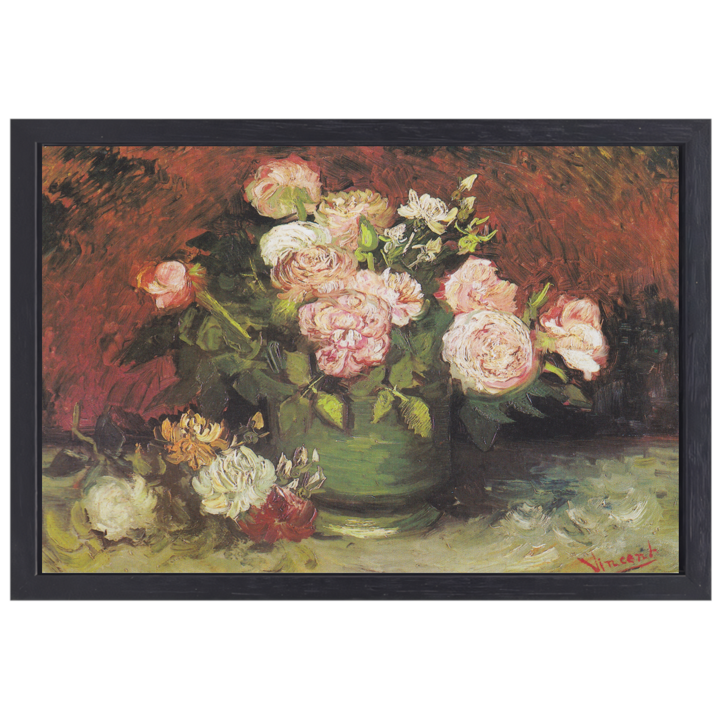 Schaal met Pioenrozen en Rozen - Vincent van Gogh canvas met baklijst
